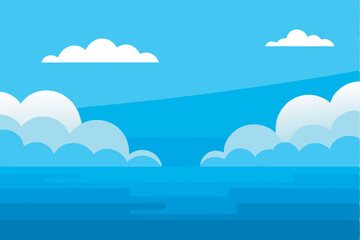 Cartoon background: calm ocean, blue sky, white clouds, serene atmosphere. Four big clouds, calm sea reflects the sky. Simple, calm design in black frame.