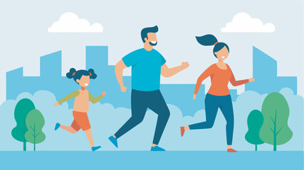Image shows family running in city park, all wearing masks. Urban backdrop with clear sky and vibrant colors. Health and outdoor activity emphasized.
