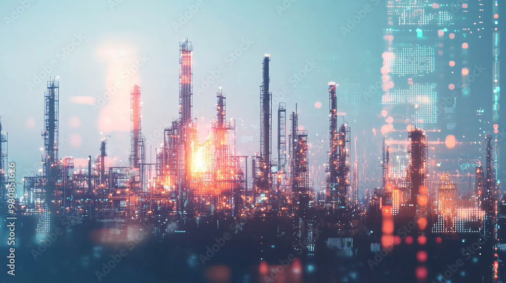 Poster manufacturing plant at sunset with superimposed data showing the convergence of industry and data an
