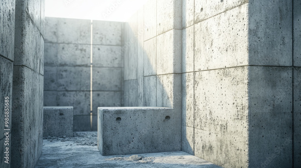 Poster a partially built concrete block wall, showcasing the strength and durability of modern architectura