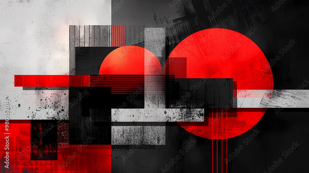 Poster vibrant abstract composition blending red circles and geometric shapes in a modern design