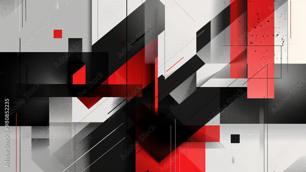 Poster dynamic interplay of geometric shapes in red and black forms a striking visual balance