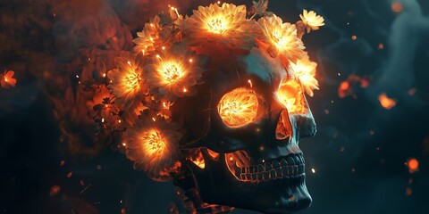 A skull with flowers on it. The skull is surrounded by fire and smoke. The flowers are orange and yellow