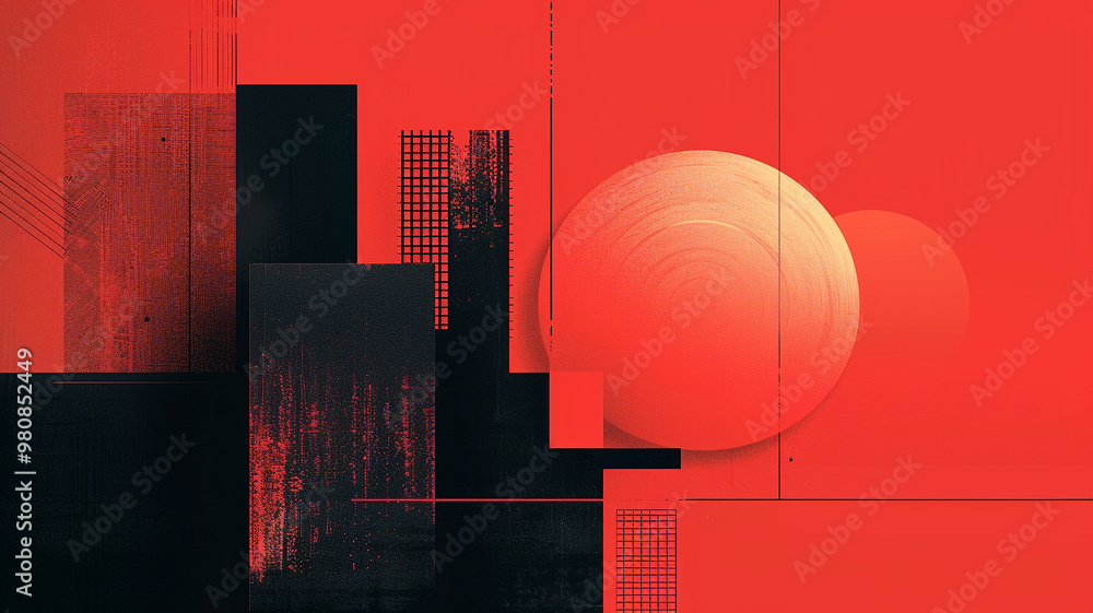 Poster dynamic exploration of shape and color in abstract red and black composition