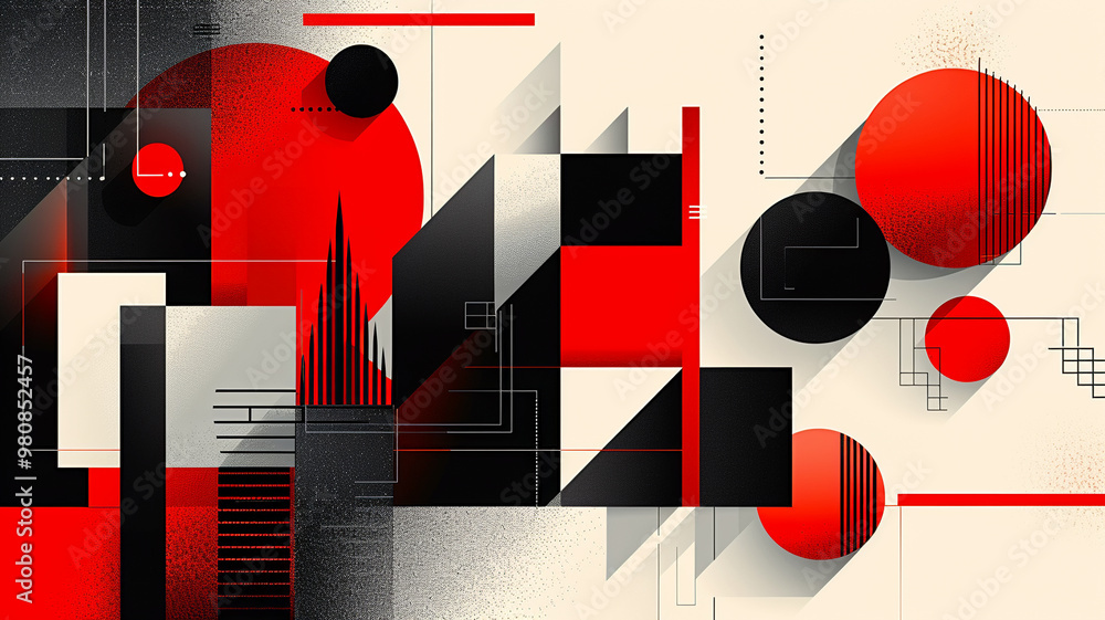 Poster dynamic abstract composition with geometric shapes and bold red accents in modern design
