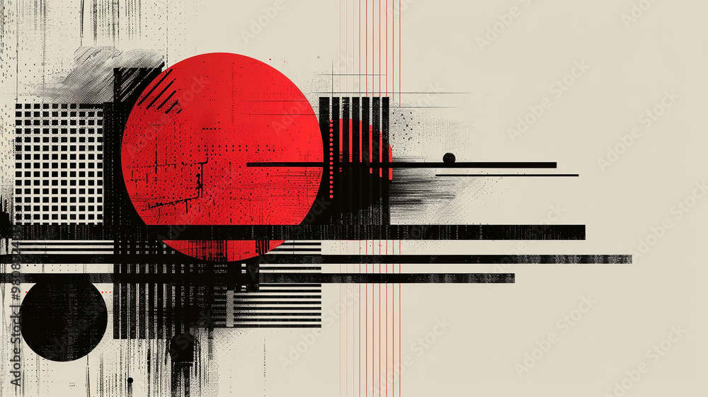 Poster bold abstract design featuring geometric shapes and striking red circle on neutral canvas