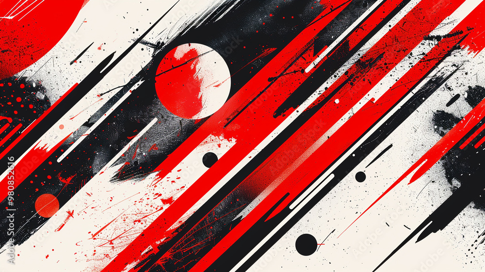 Poster dynamic abstract composition featuring bold red, black, and white angular lines and shapes
