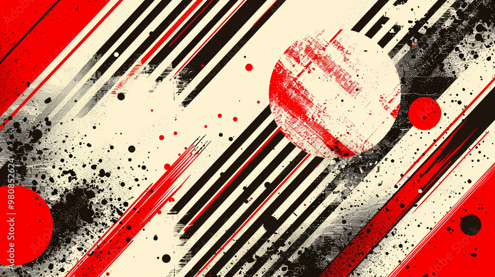 Poster bold abstract composition featuring dynamic stripes and circles in vivid colors