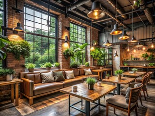 Naklejka premium Cozy coffee shop interior design featuring rustic wood accents, industrial piping, and vintage lighting fixtures,
