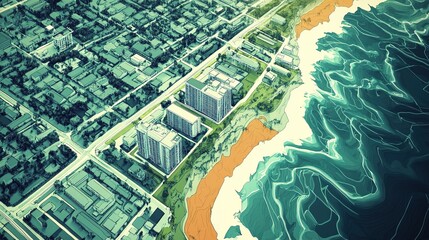 Fototapeta premium Illustrated cityscape by ocean with distinct color palette