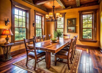 Naklejka premium Cozy dining room features rustic wooden table and matching chairs, surrounded by warm-toned walls and large windows,