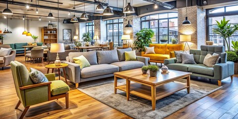 Cozy interior of a budget-friendly furniture store in London, showcasing a variety of stylish sofas, chairs, and tables