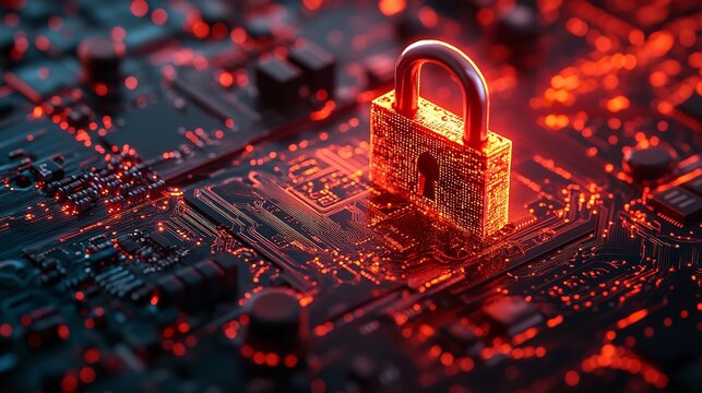 Hacker breach visual featuring a red broken padlock and cyber attack notification.