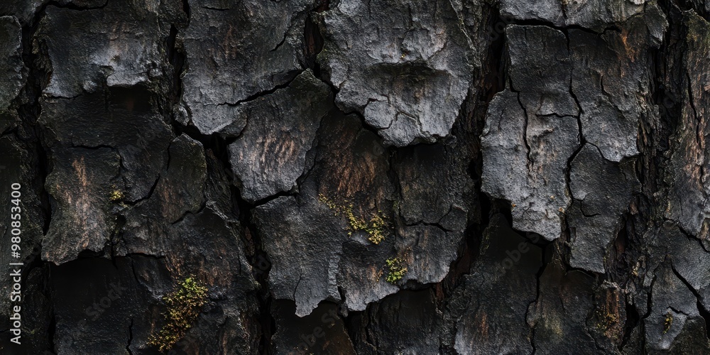 Poster close-up of textured tree bark with cracks and small green moss patches.
