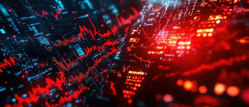 Whirlpool of stock market crash icons with intense red alert signals engulfing the scene