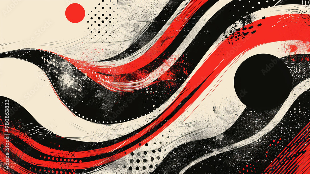 Poster bold abstract patterns intertwine in red and black waves with dynamic movement elements