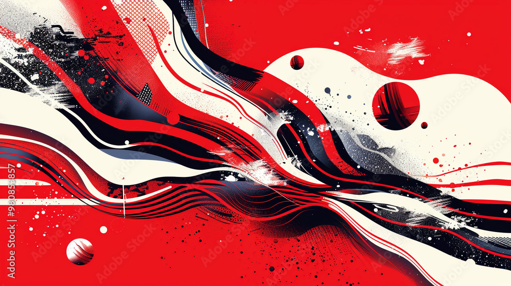 Poster dynamic abstract art featuring swirling patterns and vibrant colors on a red background