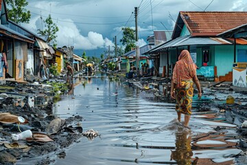 Two People Amidst Flood Aftermath in Devastated Village with Muddy Streets and Damaged Houses