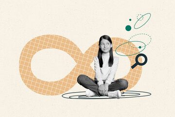 Creative collage picture young girl kid sitting checkered background magnifying loop enlarger...