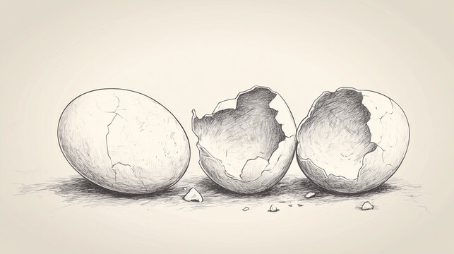 Black and white sketch of eggs and broken eggshells on a light background