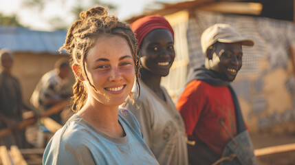 Fototapeta premium A group of volunteers, including young women and smiling workers.