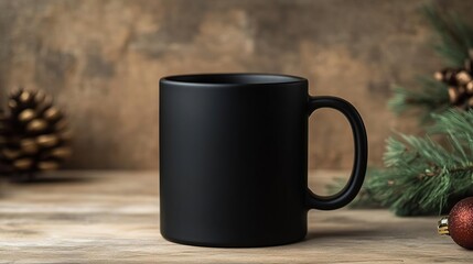 blank mockup of a black coffee mug Christmas background