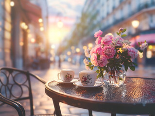 Coffee shop table by the roadside in the morning.