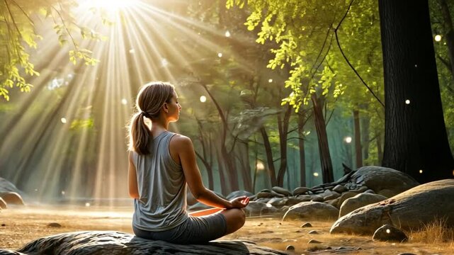 Woman meditating in nature - she is sitting cross-legged in a yoga pose with her eyes closed surrounded by magical glowing particles and light beams, Sunlight filtering through the trees