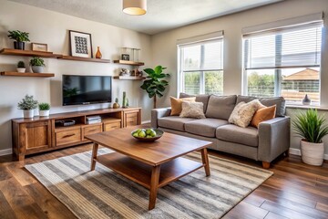 Cozy living room with budget-friendly sofa, coffee table, and TV stand in a modern Bakersfield, California home,