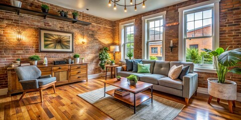 Cozy living room with exposed brick walls, wooden floors, and vintage decor, showcasing a charming renovation of a