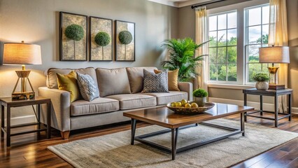 Cozy living room with modern, budget-friendly furnishings, including a sleek sofa, coffee table, and lamp, in a