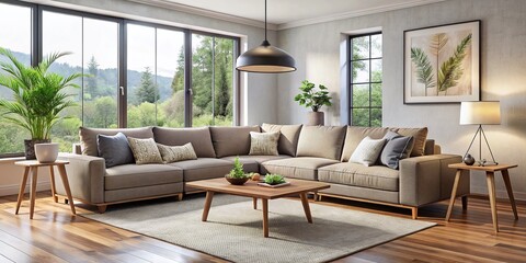 Cozy living room with perfectly arranged furniture, including a sectional sofa, coffee table, and floor lamp,