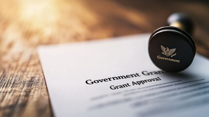 A close-up of a document titled "Government Grant Approval" with an official seal