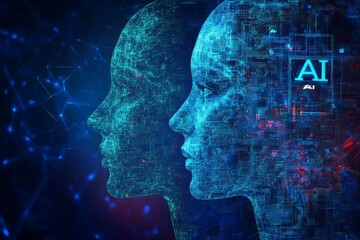 Obraz premium Side profiles of human heads with AI symbols symbolizing the cognitive interaction between human and artificial intelligence through neural networks and cognitive augmentation