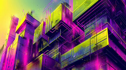 Vibrant abstract cityscape glowing in neon hues under a dusk sky