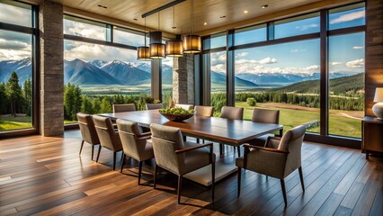 Fototapeta premium Cozy modern dining room with dark wood table, ergonomic chairs, and floor-to-ceiling windows overlooking the scenic Big