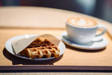 Close up croffle in white plate with blurred cup of hot coffee on wooden tray.