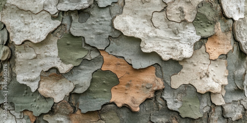 Poster close-up of textured tree bark with various colors and patterns.