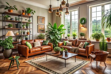Cozy modern living room with plush furniture, lush plants, and vintage-inspired decor, evoking a sense of timeless