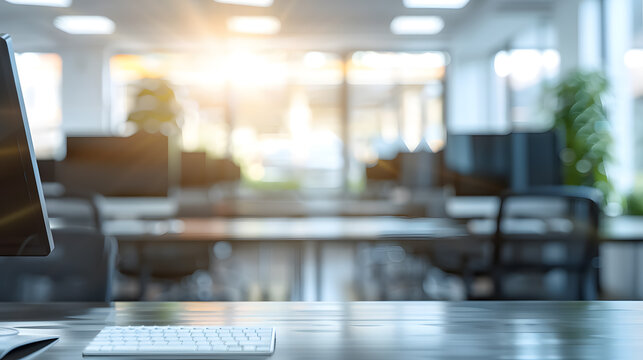 A hybrid team's workspace with some desks equipped for hot desking, adapting to flexible work arrangements, remote and hybrid work concept, blurred background, with copy space