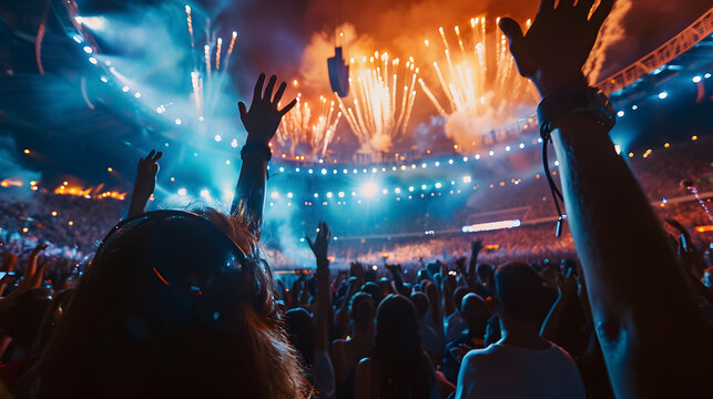 A live event, such as a concert or halftime show, taking place at a sports stadium. A large crowd of people cheering and enjoying the event. Spectacular fireworks or pyrotechnics illuminating 