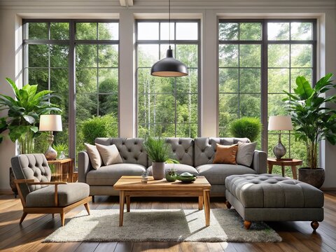 Cozy modern living room with sleek gray sofa, tufted ottoman, and rustic wooden coffee table, surrounded by large