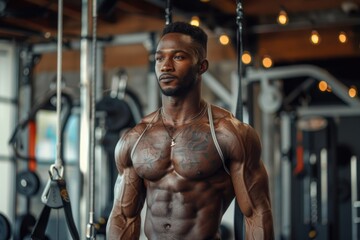 Muscular Man Working Out with Cable Machine in Modern Gym