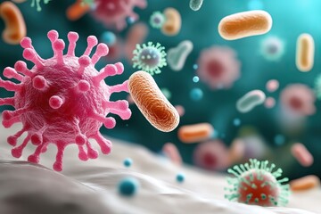 Naklejka premium Colorful illustration of viruses and bacteria in a microscopic view, showcasing the intricate details of microscopic life forms.