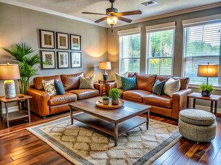 Cozy modern living room with stylish affordable furniture in a newly decorated home in Shreveport, Louisiana,