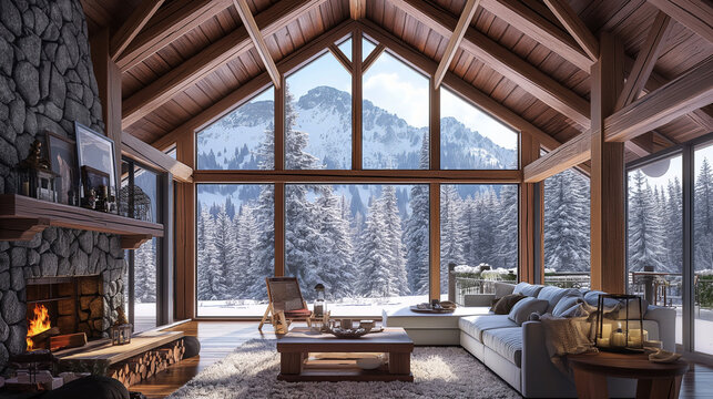 Cozy mountain cabin interior with stone fireplace for virtual meeting backgrounds