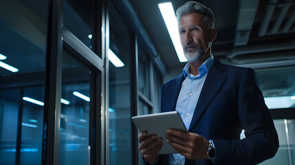 Fototapeta premium A mature businessman standing in an office, using tablet