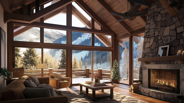 Cozy mountain cabin interior with stone fireplace for virtual meeting backgrounds - Powered by Adobe