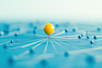 Yellow and blue thumbtacks connected by threads.