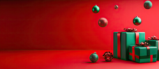 Gifts and Christmas balls floating on a red background